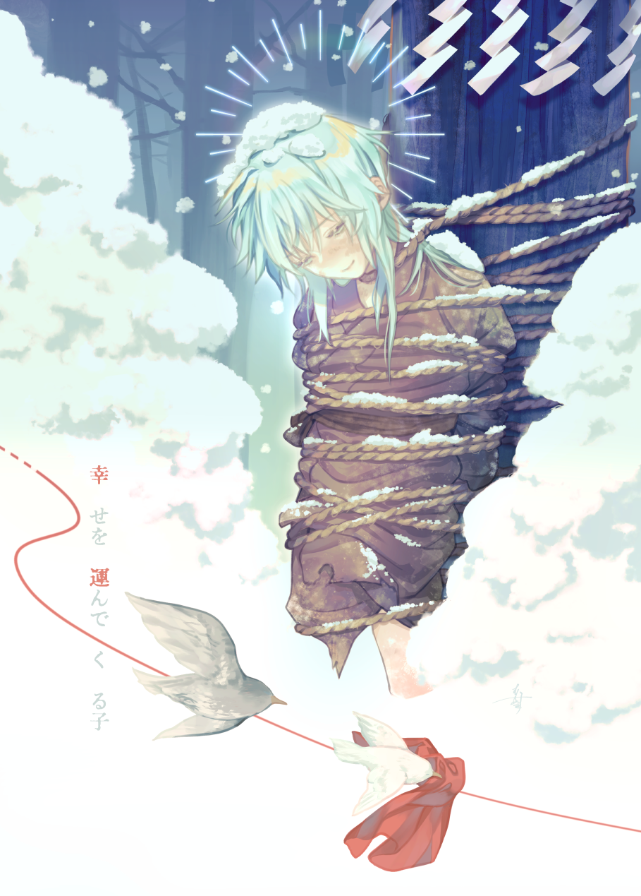 1boy, aged_down, animal, aqua_hair, bird, blush, bound, child, half-closed_eyes, highres, human_sacrifice, li_kouyuu, light_smile, long_hair, male_focus, mushiaki_mushikera, red_ribbon, restrained, ribbon, robe, saiunkoku_monogatari, shide, sidelocks, smile, snow, snow_on_body, snow_on_head, solo, standing, tied_up_(nonsexual), tree, winter