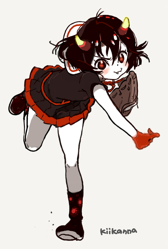 1girl, :3, bare_arms, bare_legs, baseball, baseball_glove, black_hair, black_shirt