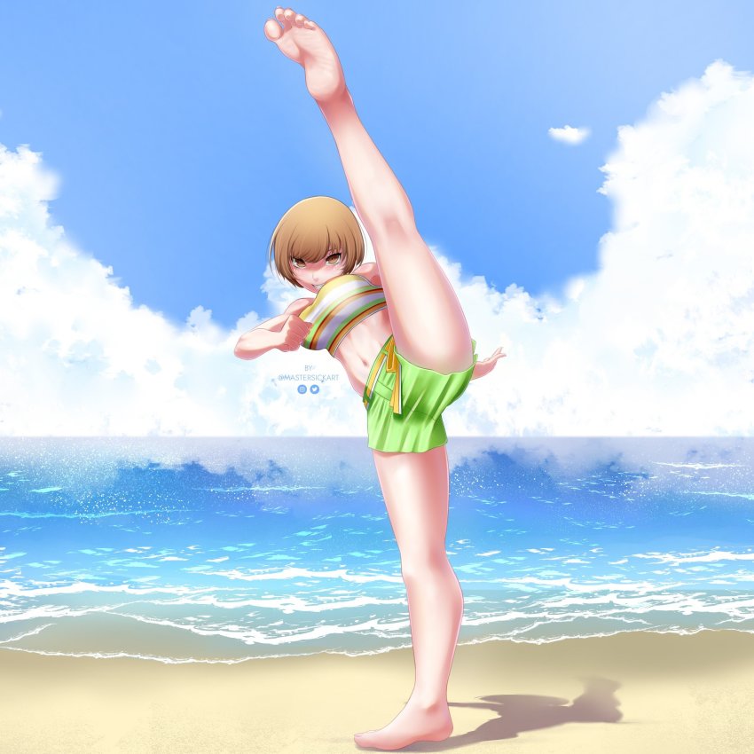 artist_name, barefoot, beach, bob_cut, bra, breasts, brown_hair, feet