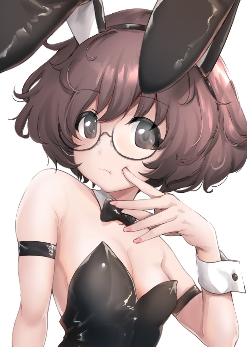 1girl, :t, akiyama_yukari, alternate_costume, animal_ears, bare_shoulders, bespectacled, black-framed_eyewear