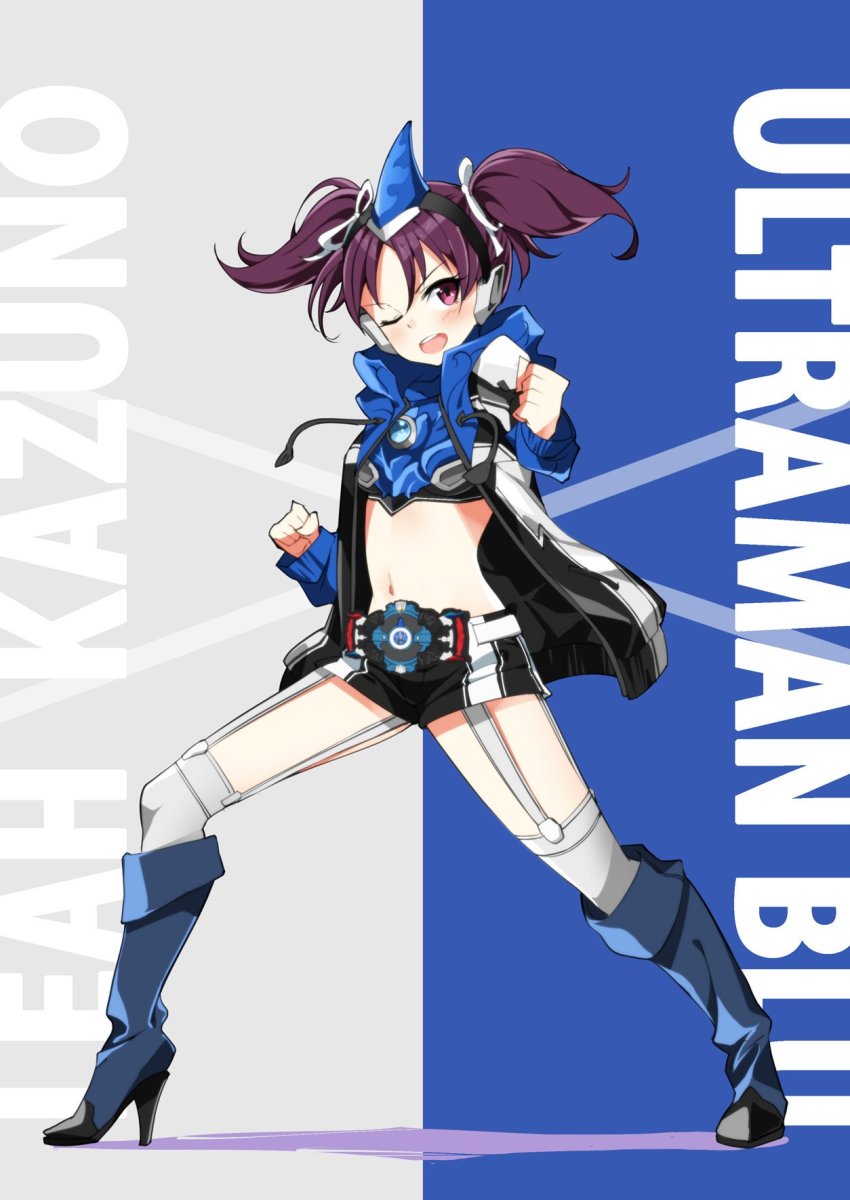 1girl, belt, blue_background, blue_boots, boots, breasts, character_name, color_timer, commentary, cosplay, crossover, english_text, full_body, garter_straps, grey_background, headphones, high_heel_boots, high_heels, highres, jacket, kazuno_leah, long_hair, looking_at_viewer, love_live!, love_live!_sunshine!!, midriff, navel, one_eye_closed, purple_eyes, purple_hair, r/b_gyro, sasanon_(sasapoliton), short_shorts, shorts, small_breasts, solo, thighhighs, twintails, two-tone_background, ultra_series, ultraman_blu, ultraman_blu_(cosplay), ultraman_r/b, white_thighhighs