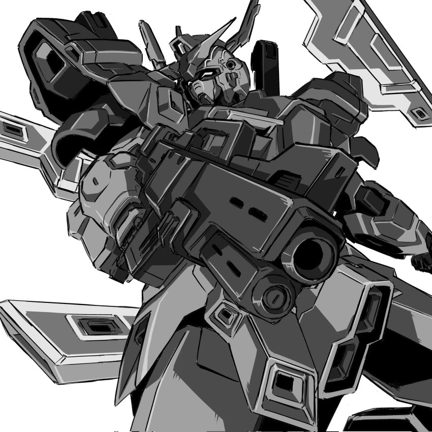 beam_rifle, energy_gun, greyscale, gun, gundam, highres, holding, holding_gun