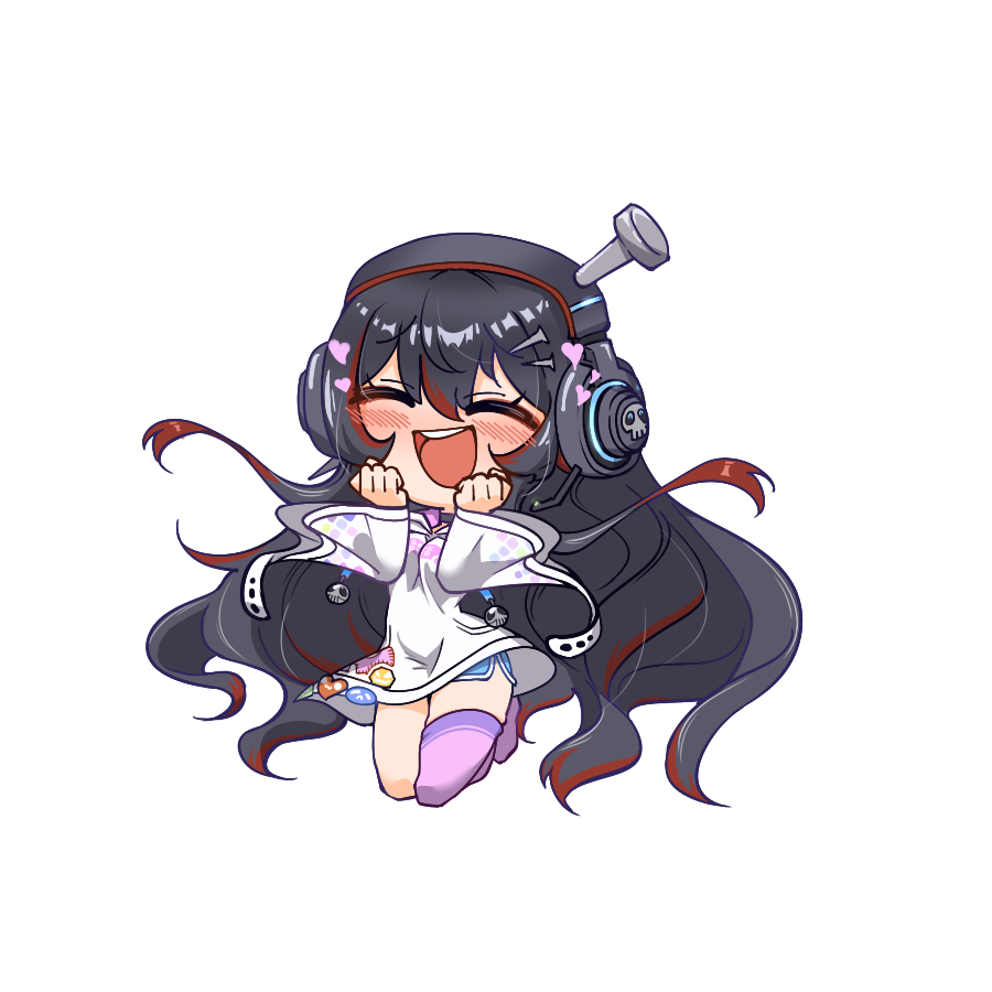 :d, ^_^, black_hair, blue_shorts, blush, clenched_hands, closed_eyes, commentary