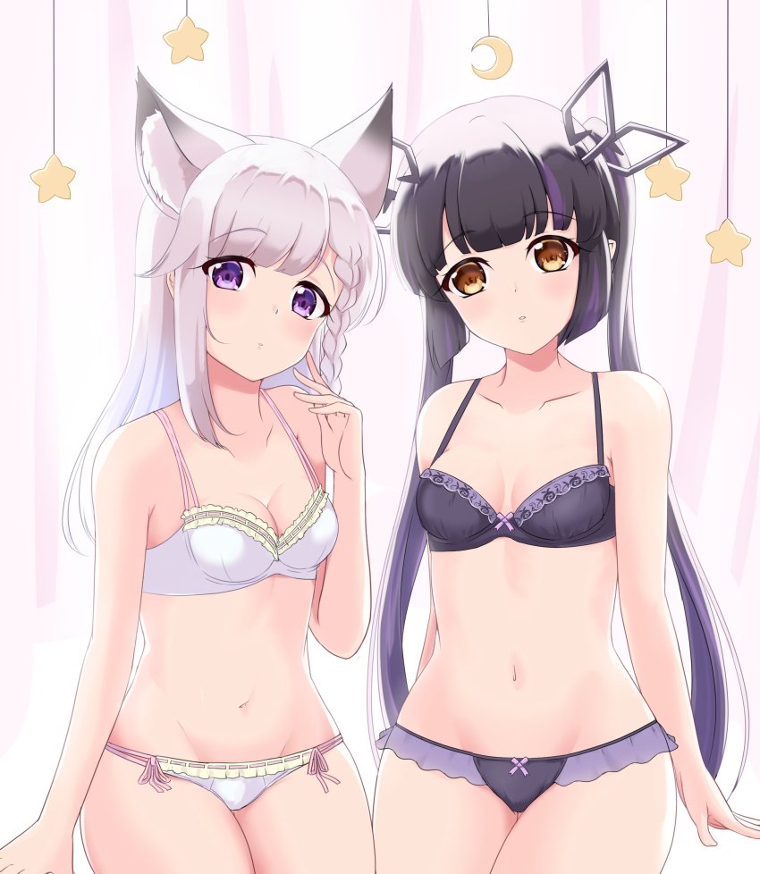 2girls, absurdres, aitsugawa_rui, animal_ear_fluff, animal_ears, black_bra, black_hair, black_panties