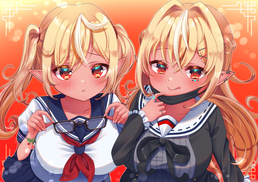 2girls, absurdres, blonde_hair, blue_sailor_collar, blush, braid, breasts, brown_eyes