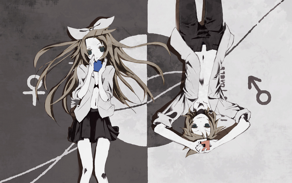 1boy, 1girl, alternate_hairstyle, aqua_eyes, blonde_hair, bra, brother_and_sister, hair_ornament, hair_ribbon, hairclip, high_contrast, kagamine_len, kagamine_rin, lingerie, long_hair, mars_symbol, muted_color, open_clothes, open_shirt, ribbon, rotational_symmetry, shirt, siblings, skirt, sleeves_rolled_up, twins, una_(mazinger), underwear, ura-omote_lovers_(vocaloid), venus_symbol, vocaloid