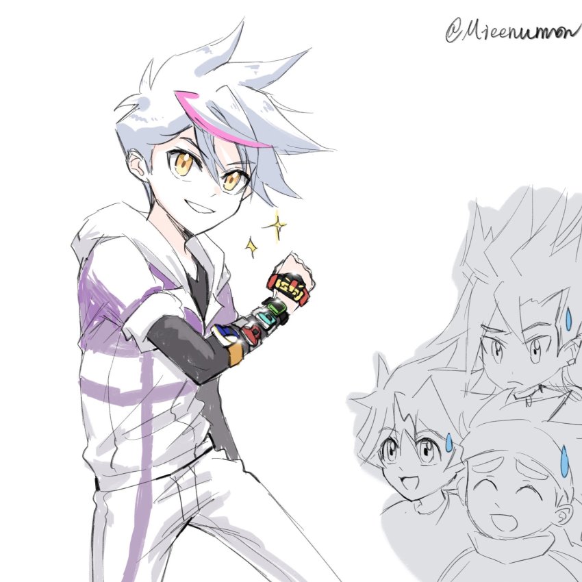 4boys, arata_shin, blue_hair, clenched_hand, highres, hooded_jumpsuit, jumpsuit, looking_at_viewer