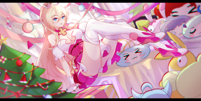 1girl, absurdres, animal_ears, bed, blonde_hair, blue_eyes, breasts, bupa_chila