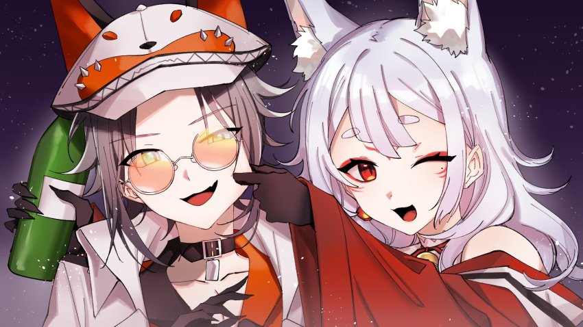 1boy, 1girl, :3, animal_ear_fluff, animal_ear_headwear, animal_ears, bell, black_collar, black_shirt, blue_eyes, blush, bottle, breasts, cheek_pinching, collar, collarbone, commentary, english_commentary, extra_ears, eyeshadow, fake_animal_ears, fox_ears, fox_girl, grey_hair, hair_behind_ear, highres, holding, holding_bottle, jacket, japanese_clothes, kimono, looking_at_viewer, makeup, medium_breasts, mysta_rias, mysta_rias_(1st_costume), nijisanji, nijisanji_en, nina_kosaka, nina_kosaka_(1st_costume), off_shoulder, open_mouth, pinching, portrait, red_eyes, red_eyeshadow, red_kimono, rigu_(3di), shirt, short_eyebrows, smile, virtual_youtuber, white_jacket