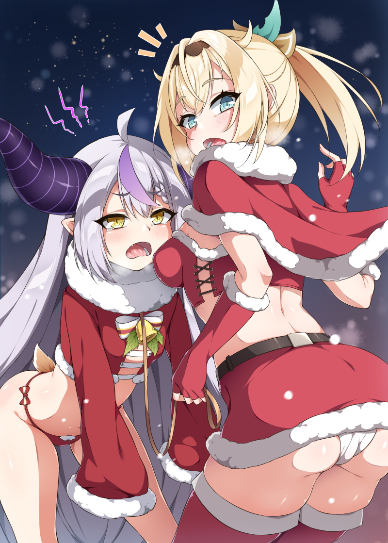 2girls, ahoge, ass, bell, blonde_hair, breasts, christmas, commentary_request