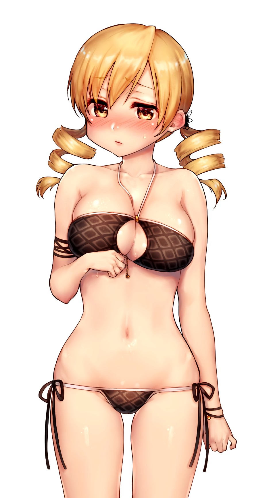 1girl, armband, bare_shoulders, bikini, blonde_hair, bracelet, breasts, brown_eyes, cleavage, closed_mouth, collarbone, cosplay, cowboy_shot, drill_hair, gloves, hair_between_eyes, halterneck, highres, jewelry, kazabuki_poni, large_breasts, long_hair, looking_at_viewer, magical_girl, mahou_shoujo_madoka_magica, mahou_shoujo_madoka_magica_movie_1_&amp;_2, navel, sakura_kyoko, sakura_kyoko_(cosplay), sakura_kyoko_(swimsuit_costume), side-tie_bikini_bottom, skindentation, solo, sweatdrop, swimsuit, tomoe_mami, twin_drills, white_background