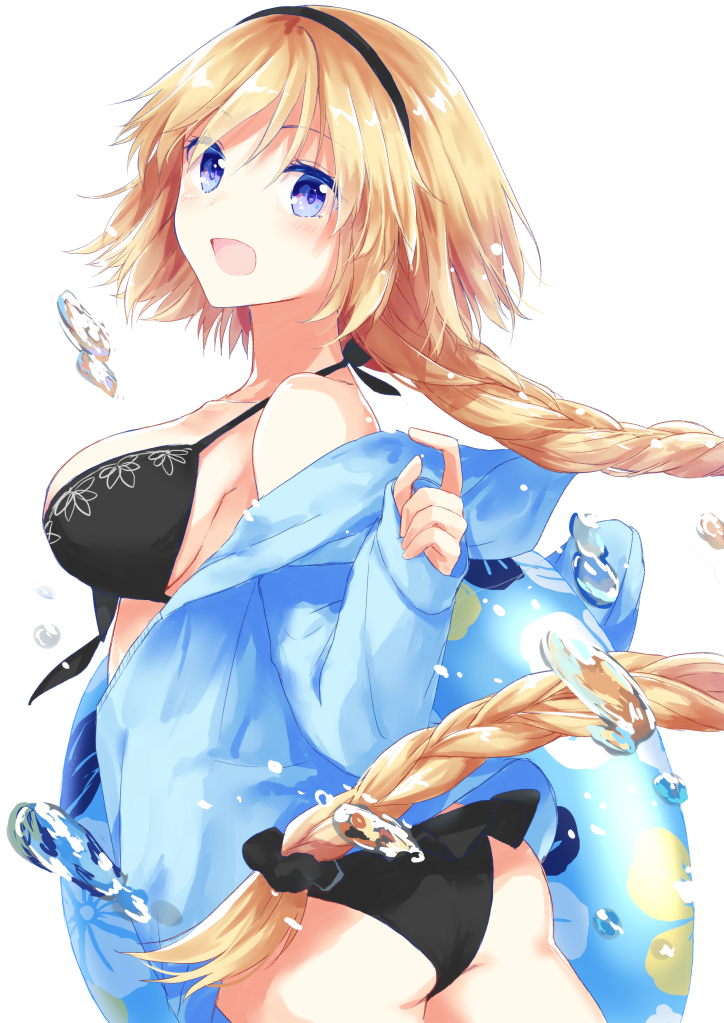 1girl, bikini, black_bikini, blonde_hair, blue_eyes, braid, braided_ponytail, breasts, eyebrows_hidden_by_hair, fate/grand_order, fate_(series), hair_ribbon, hairband, jacket, jeanne_d'arc_(fate), jeanne_d'arc_(swimsuit_archer)_(first_ascension)_(fate), long_hair, looking_at_viewer, open_clothes, open_mouth, ponytail, ribbon, shiohari_kanna, simple_background, smile, solo, swimsuit, white_background