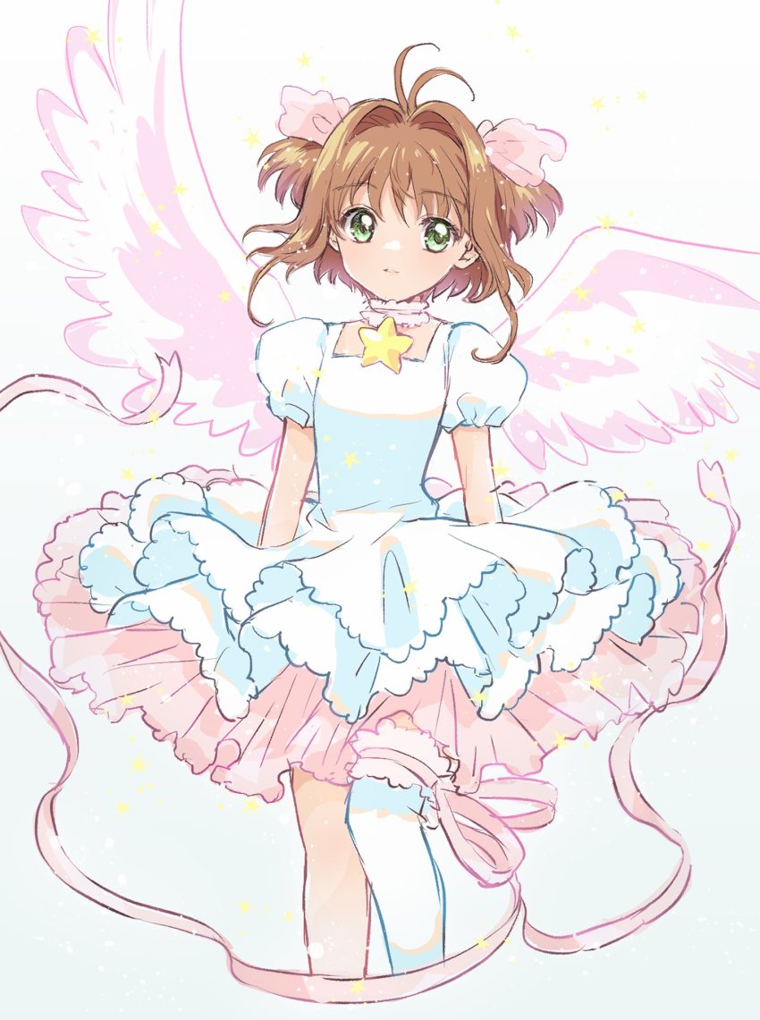 1girl, angel_wings, antenna_hair, brown_hair, cardcaptor_sakura, choker, cowboy_shot, dress, frilled_dress, frills, green_eyes, hair_ribbon, highres, kinomoto_sakura, kinomoto_sakura_(astral_sakura), mokku_(ak0207), ribbon, short_hair, single_thighhigh, solo, star_(symbol), thighhighs, two_side_up, white_dress, white_thighhighs, wings