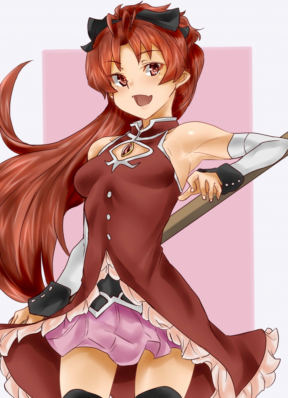 1girl, :d, armpits, bare_shoulders, black_thighhighs, boots, bow, detached_sleeves