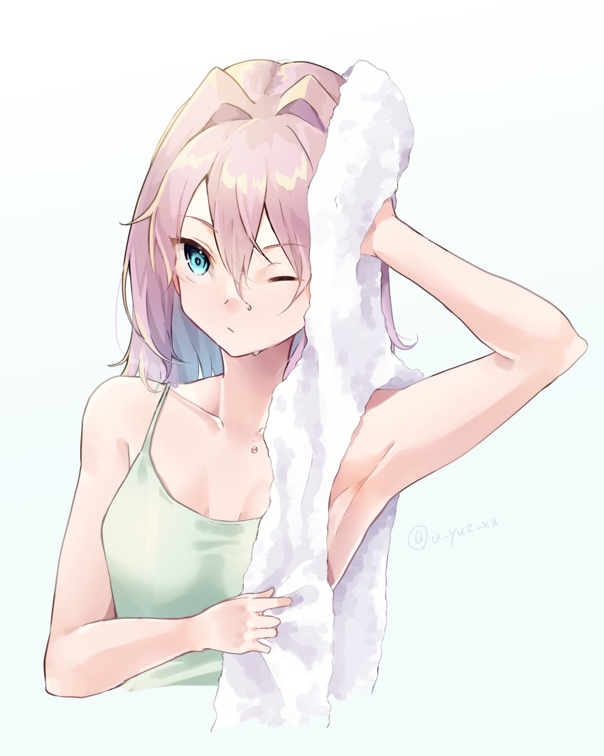 1girl, armpits, blue_background, blue_eyes, closed_mouth, collarbone, cropped_torso, hair_between_eyes