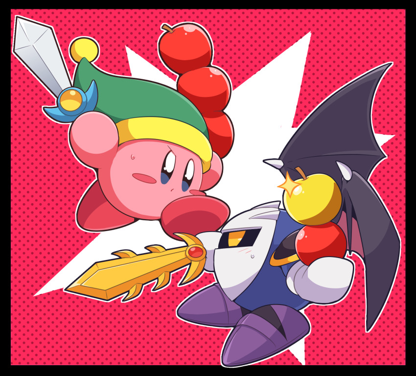 2boys, action, angry, apple, armor, battle, black_border, blue_eyes, blue_skin, blush, blush_stickers, border, colored_skin, copy_ability, fighting, food, frown, fruit, gem, gloves, green_headwear, hat, highres, holding, holding_sword, holding_weapon, jumping, kirby, kirby_battle_royale, kirby_(series), knight, male_focus, mask, meta_knight, mittens, multicolored_background, multiple_boys, nintendo, no_humans, pauldrons, pink_background, pink_skin, polka_dot, polka_dot_background, pom_pom_(clothes), purple_footwear, shoulder_armor, subaru331, sweat, sweatdrop, sword, weapon, white_background, white_gloves, white_mittens, wings, yellow_eyes