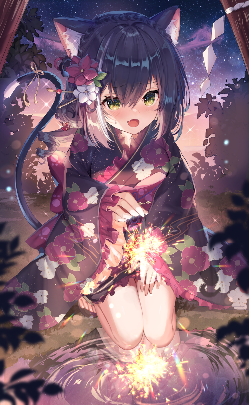 1girl, :d, absurdres, animal_ear_fluff, animal_ears, black_hair, black_kimono, blush