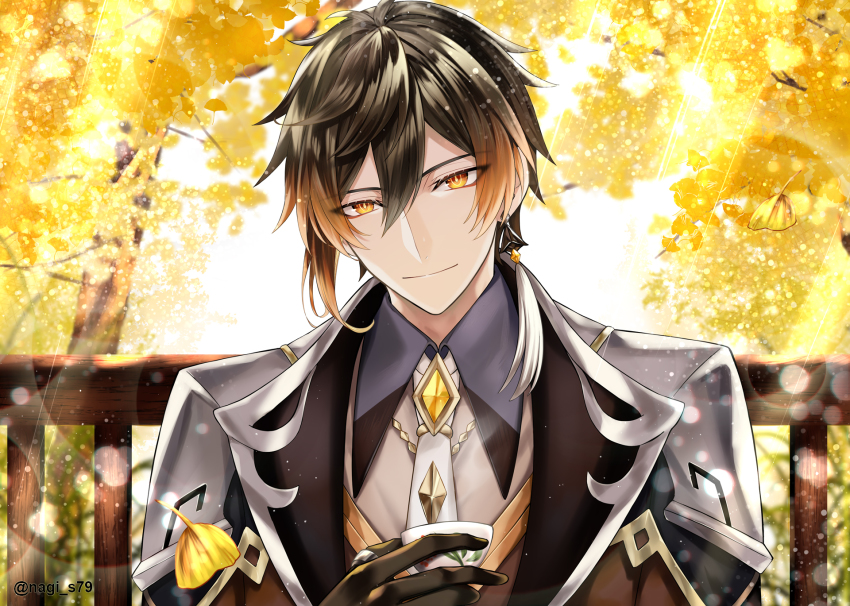 1boy, black_gloves, brown_hair, closed_mouth, collared_shirt, commentary_request, cup, earrings