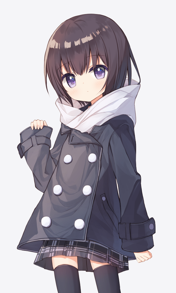 1girl, black_hair, black_jacket, black_skirt, black_thighhighs, closed_mouth, grey_background, hair_between_eyes