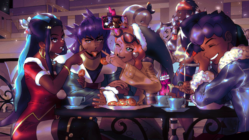 +++, 4boys, 4girls, absurdres, bea_(pokemon), black_hair, black_hairband, black_hoodie