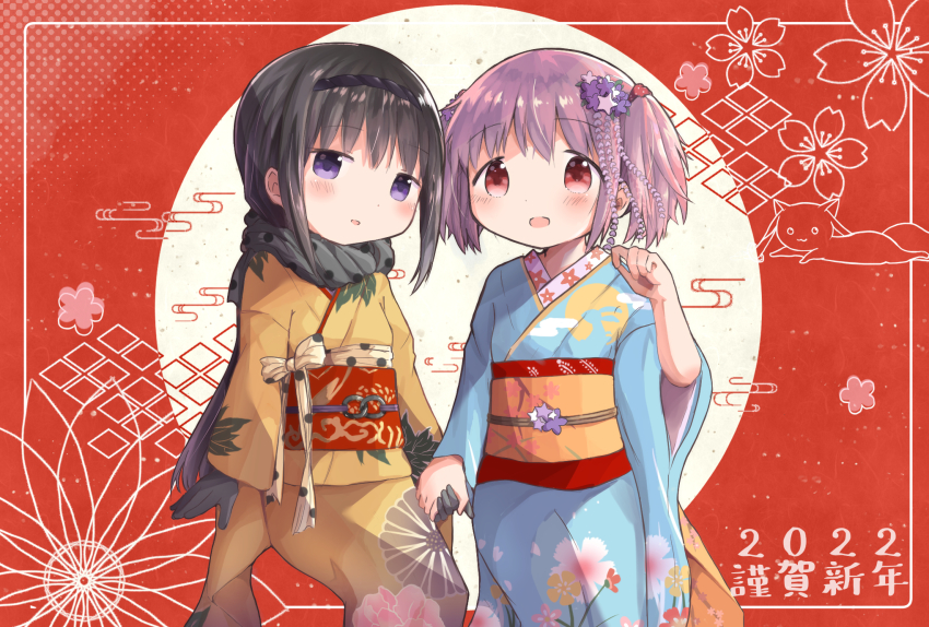 2022, 2girls, akemi_homura, alternate_costume, arm_up, black_gloves, black_hairband, black_scarf