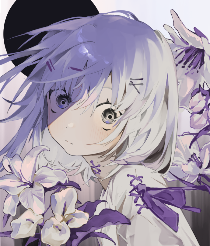 1girl, black_background, circlet, closed_mouth, commentary_request, corset_piercing, flower, grey_eyes, hair_ornament, hairclip, long_hair, looking_at_viewer, neck_piercing, original, purple_ribbon, ribbon, solo, toasu, upper_body, white_background, white_flower, white_hair