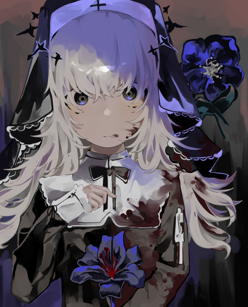 1girl, black_dress, black_eyes, black_flower, blood, blood_on_clothes, blood_on_face, blood_stain