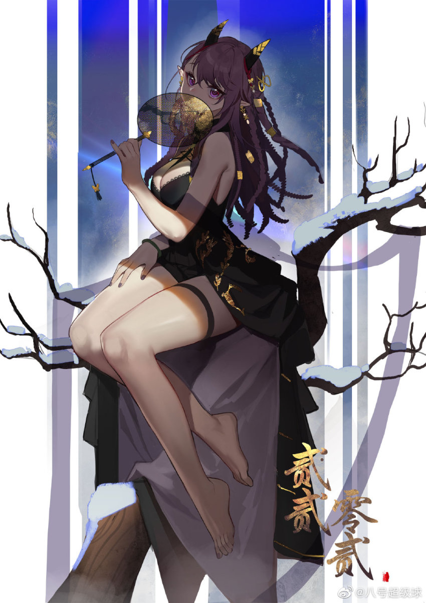 1girl, arknights, bahaochaojiqiu, bare_arms, bare_legs, bare_shoulders, bare_tree, barefoot, between_breasts, black_dress, black_necktie, blush, braid, breasts, cleavage, dress, earrings, full_body, gradient_background, hand_fan, highres, holding, holding_fan, horns, jewelry, large_breasts, lava_(arknights), lava_the_purgatory_(arknights), lava_the_purgatory_(dusk_wisteria)_(arknights), looking_at_viewer, multiple_braids, nail_polish, necktie, necktie_between_breasts, official_alternate_costume, paper_fan, pointy_ears, purple_eyes, purple_hair, purple_nails, shawl, short_dress, sitting, sleeveless, sleeveless_dress, snow, solo, thigh_strap, tree, tuanshan, uchiwa, watermark, weibo_watermark