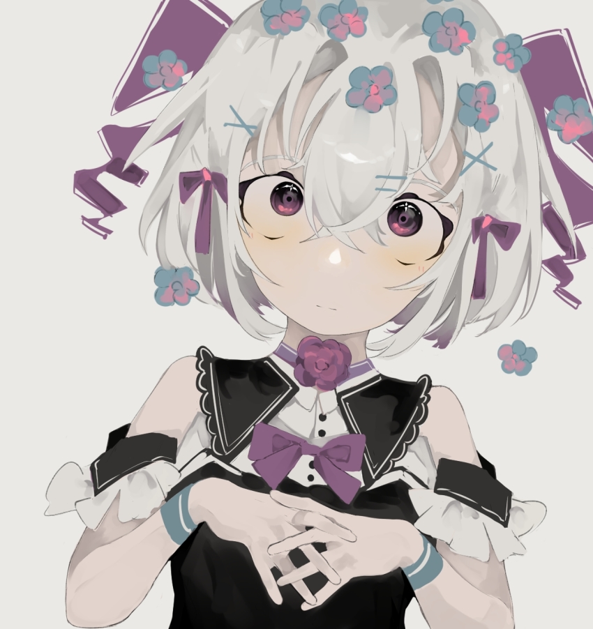 1girl, black_dress, blue_flower, bow, bowtie, bracelet, closed_mouth, commentary