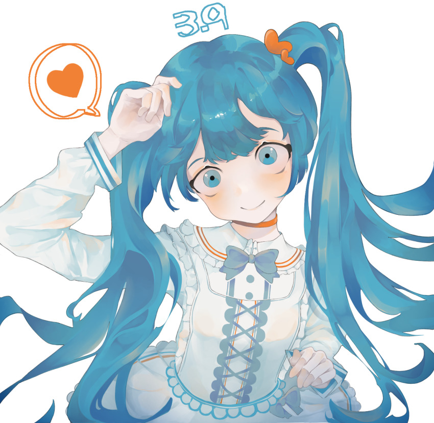 1girl, 39, blue_eyes, blue_hair, bow, bowtie, closed_mouth, commentary