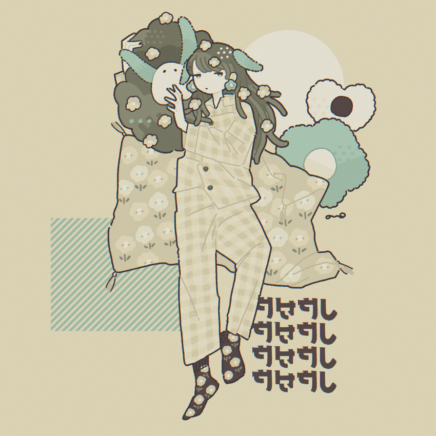 1girl, arms_up, black_hair, blanket, brown_theme, earrings, female_focus, flower_earrings