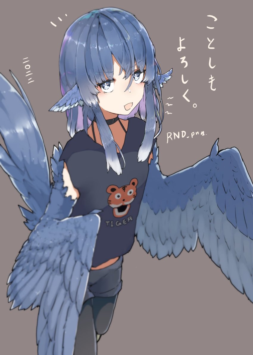 1girl, animal_ears, bird_ears, bird_tail, black_shirt, blue_feathers, blue_hair, blue_wings