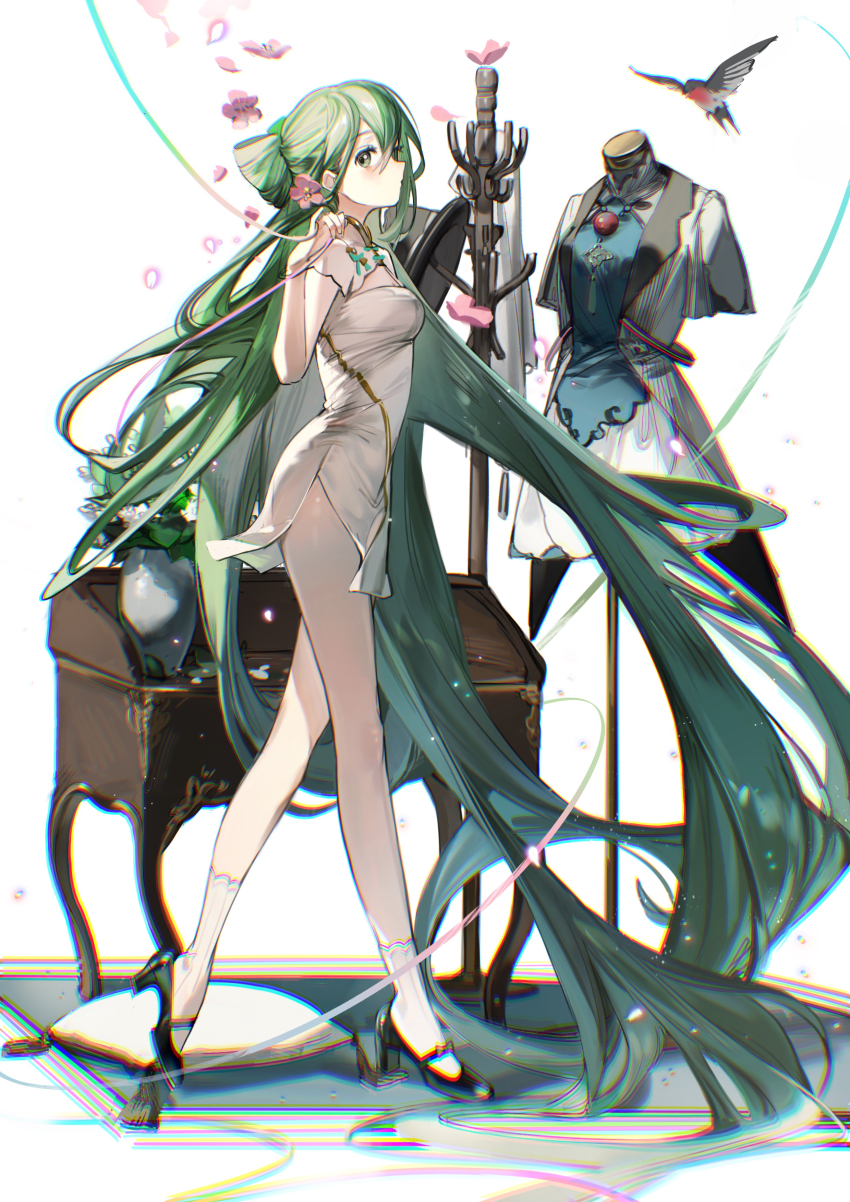 1girl, absurdly_long_hair, absurdres, animal, between_fingers, bird, black_hat, blush, breasts, china_dress, chinese_clothes, chromatic_aberration, cleavage, clothes_rack, cushion, desk, dress, eyelashes, falling_petals, flower, folded_hair, from_side, full_body, green_eyes, green_hair, hair_flower, hair_ornament, hand_up, hat, hatsune_miku, hatsune_miku_(miku_with_you_2021), high_heels, highres, holding, long_hair, looking_at_viewer, mannequin, miku_with_you_(vocaloid), petals, pillow, pink_flower, pinky_out, plantar_flexion, profile, rainbow_gradient, revision, rug, rumoon, see-through_silhouette, shaohua_hatsune_miku, short_dress, short_sleeves, sideways_glance, socks, solo, standing, standing_on_one_leg, swallow_(bird), tassel, thread, unworn_hat, unworn_headwear, vase, very_long_hair, vocaloid, white_background, white_dress, white_flower, white_socks
