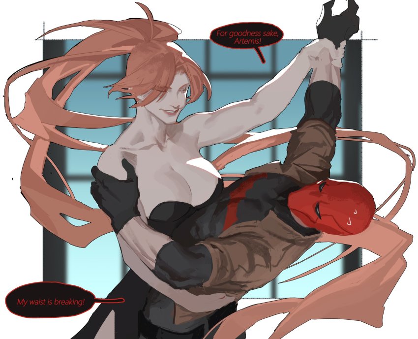 1boy, 1girl, artemis_of_bana-mighdall, assertive_female, batman_(series), breasts, brown_jacket, cleavage, couple, dancing, dc_comics, dress, english_text, helmet, highres, jacket, jason_todd, muscular, muscular_female, red_hair, red_headwear, red_hood_(dc), red_hood_and_the_outlaws, speech_bubble, strapless, strapless_dress, superhero_costume, wonder_woman_(series), yaoyao794