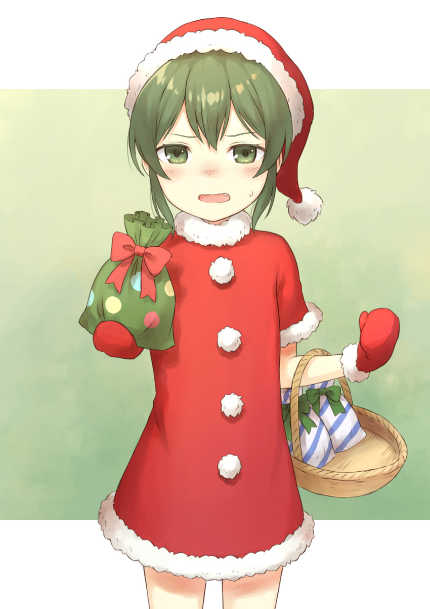 104_(luins104), 1girl, basket, blush, commentary_request, cowboy_shot, dress, fang, fur_trim, gift, gloves, gradient_background, green_background, green_eyes, green_hair, hat, highres, holding, holding_basket, holding_gift, igarashi_futaba, letterboxed, looking_at_viewer, medium_hair, open_mouth, outside_border, santa_costume, santa_dress, santa_gloves, santa_hat, senpai_ga_uzai_kouhai_no_hanashi, solo, standing