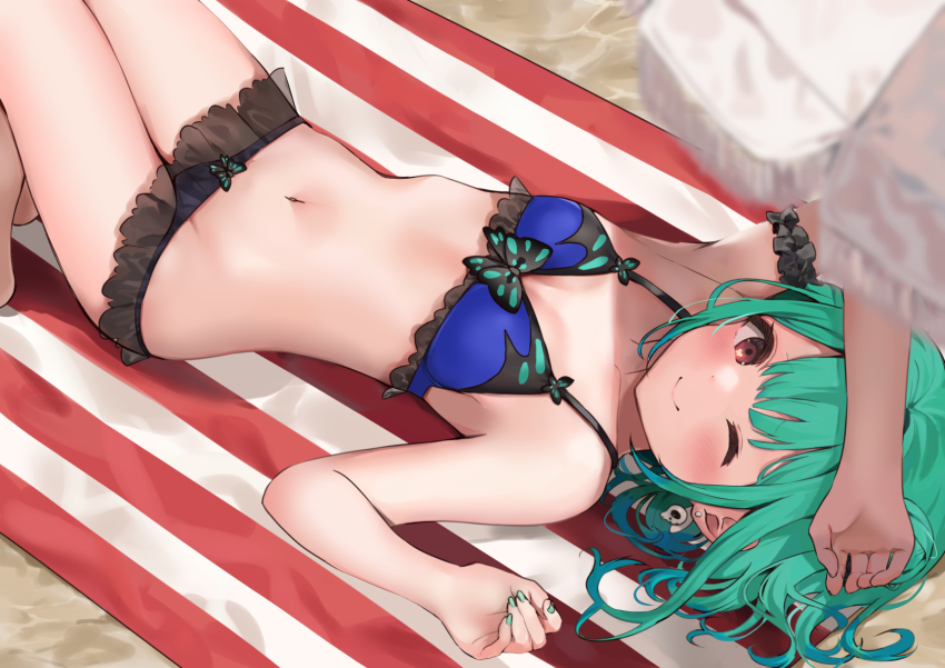 1girl, ;), aqua_hair, arm_garter, arm_up, armpits, beach_towel, beach_umbrella, bikini, blue_bikini, blue_hair, blush, breasts, cleavage, closed_mouth, collarbone, commentary_request, day, earrings, feet_out_of_frame, frilled_bikini, frills, from_above, hand_on_forehead, highres, hololive, jewelry, knees_up, looking_at_viewer, looking_up, mashiro_chun, multicolored_hair, navel, one_eye_closed, outdoors, red_eyes, sand, skull_earrings, smile, solo, stomach, swimsuit, towel, two-tone_hair, umbrella, uruha_rushia, virtual_youtuber