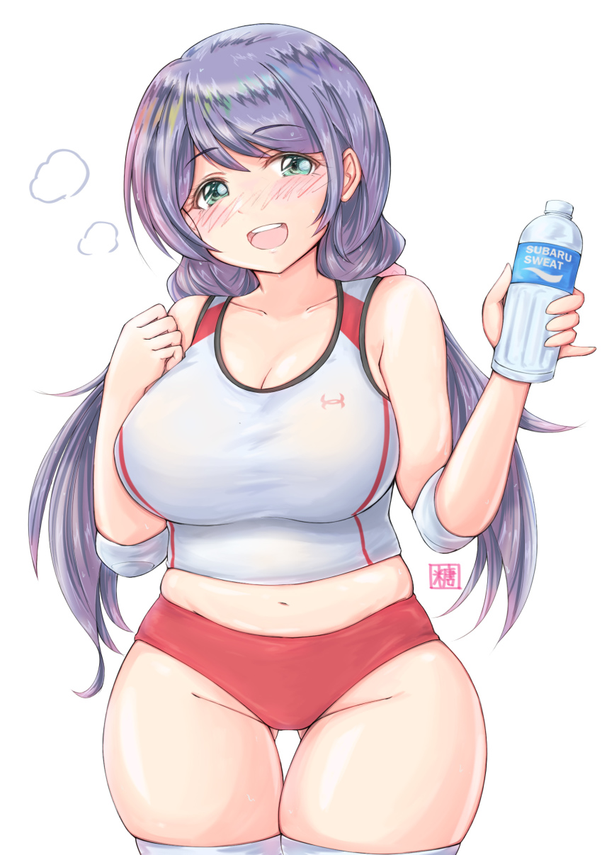 1girl, :d, absurdres, alternate_costume, aqua_eyes, bad_id, bad_pixiv_id, bare_arms, bare_shoulders, blush, bottle, breasts, buruma, cleavage, curvy, groin, gym_uniform, highres, holding, holding_bottle, impossible_clothes, impossible_shirt, large_breasts, long_hair, looking_at_viewer, love_live!, love_live!_school_idol_project, low_twintails, midriff, navel, open_mouth, parted_bangs, plump, pocari_sweat, purple_hair, red_buruma, school_uniform, scrunchie, shirt, skin_tight, skindentation, smile, solo, swept_bangs, tank_top, teeth, thighhighs, thighs, tong_shui, tojo_nozomi, track_uniform, twintails, upper_teeth_only, water_bottle, white_tank_top, white_thighhighs, wide_hips