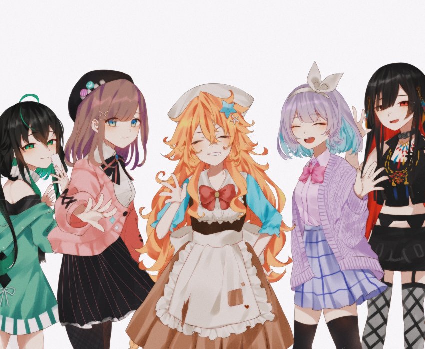 5girls, ^_^, beret, black_hair, black_headwear, black_shirt, black_skirt, blue_eyes, blue_hair, blush, bow, bowtie, brown_dress, brown_hair, cardigan, closed_eyes, collared_shirt, colored_inner_hair, dress, eyebrows_hidden_by_hair, green_hair, green_sweater, hair_behind_ear, hat, highres, long_hair, looking_at_viewer, medium_hair, multicolored_hair, multiple_girls, nijisanji, nijisanji_in, nijisanji_kr, noor_(nijisanji), nun_bora, nun_bora_(2nd_costume), open_mouth, otogibara_era, otogibara_era_(1st_costume), parted_lips, pink_bow, pink_bowtie, pink_shirt, pink_sweater, purple_cardigan, red_bow, red_eyes, red_hair, shin_yuya, shio_(plkqd), shirt, skirt, smile, streaked_hair, suzuhara_lulu, suzuhara_lulu_(1st_costume), sweater, very_long_hair, virtual_youtuber, waving, white_headwear