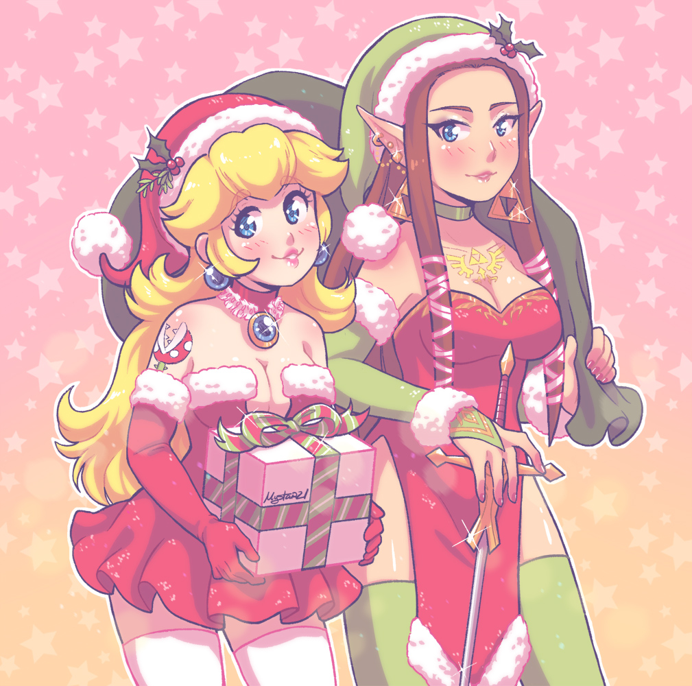 2girls, blonde_hair, blue_eyes, blush, breasts, brown_hair, christmas, cleavage, earrings, gift, hat, jewelry, lipstick, long_hair, looking_at_viewer, makeup, mario_(series), multiple_girls, mystar21, nintendo, piranha_plant, pointy_ears, princess_peach, princess_zelda, santa_costume, santa_hat, shiny_skin, skirt, standing, super_mario_bros._1, super_smash_bros., sword, tattoo, the_legend_of_zelda, the_legend_of_zelda:_twilight_princess, thighhighs, triforce, twintails, weapon