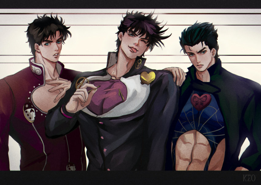 3boys, :p, battle_tendency, black_hair, brown_hair, bug, butterfly, cosplay