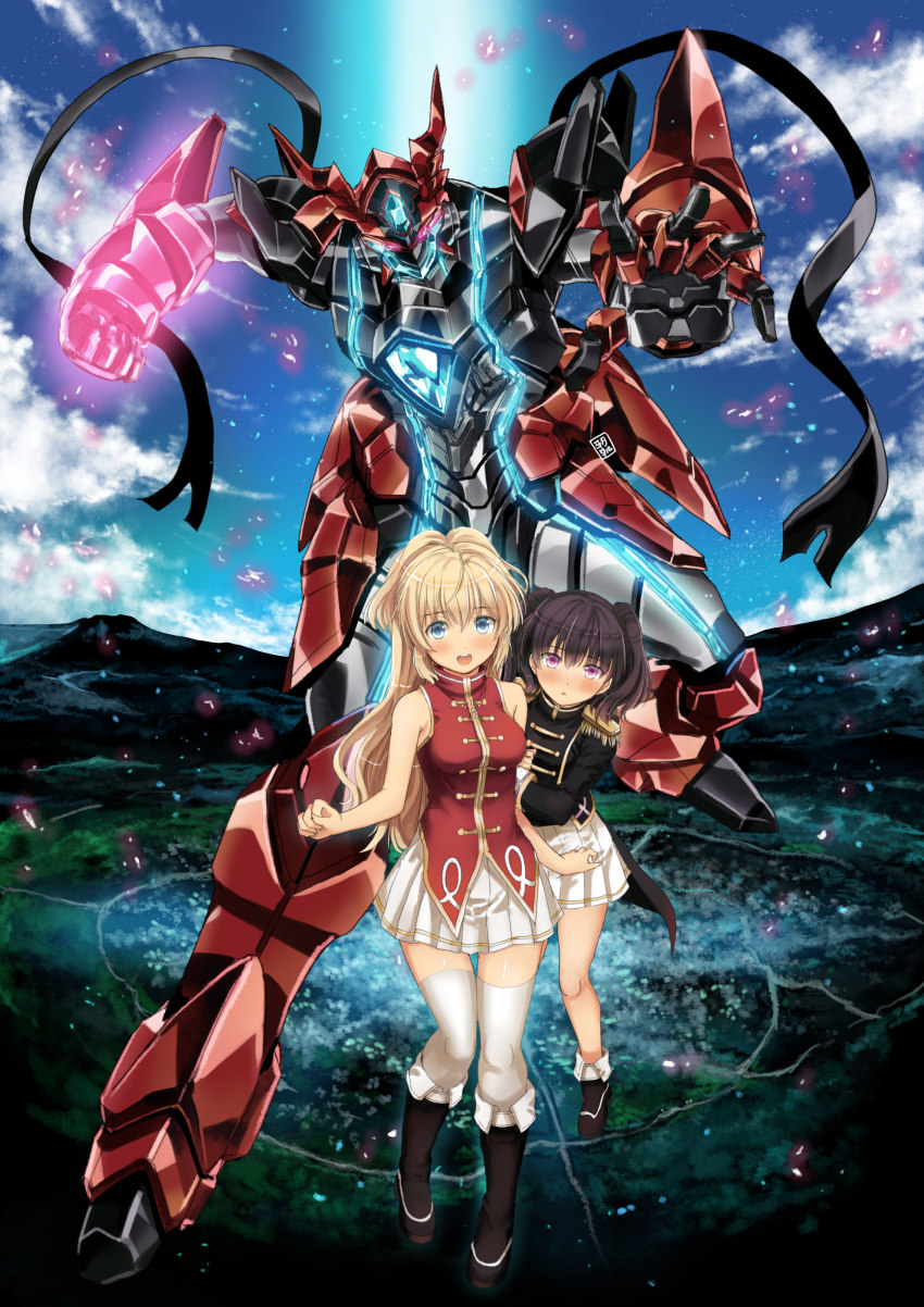 2girls, absurdres, alecto_(regalia), black_footwear, black_hair, blonde_hair, blue_eyes, blush