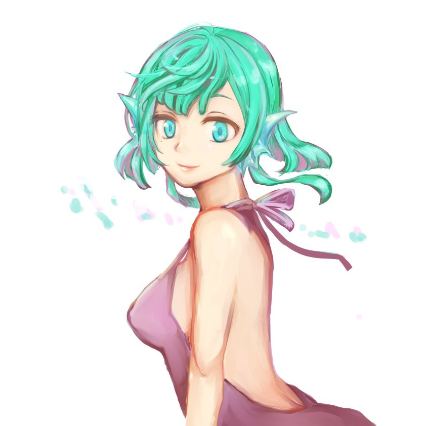 1girl, absurdres, aqua_eyes, aqua_hair, back, backless_dress, backless_outfit, bare_back, clarice_amber, dress, fins, from_behind, head_fins, highres, looking_at_viewer, looking_back, pop-up_story, short_hair, simple_background, siren_(mythology), smile, solo, vetica, white_background