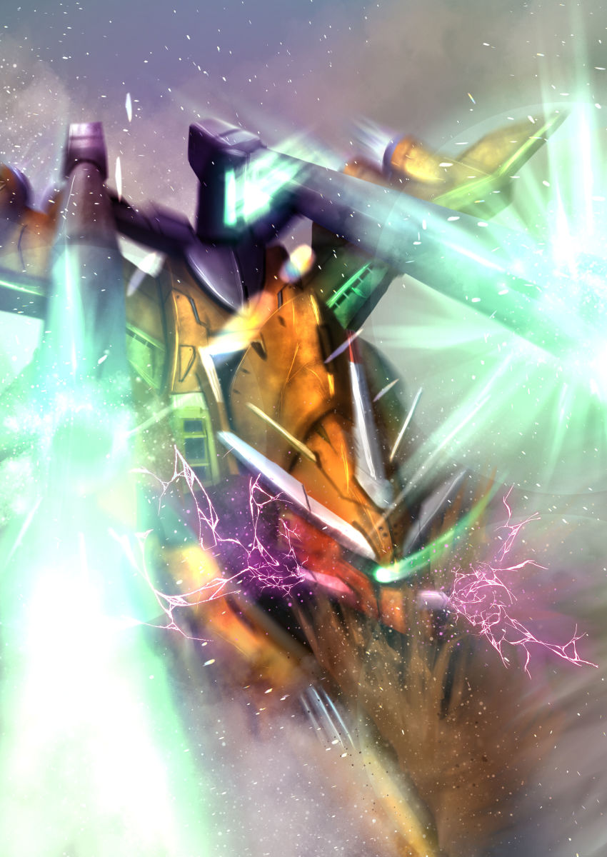 absurdres, firing, glowing, glowing_eye, green_eyes, gundam, gundam_seed, highres