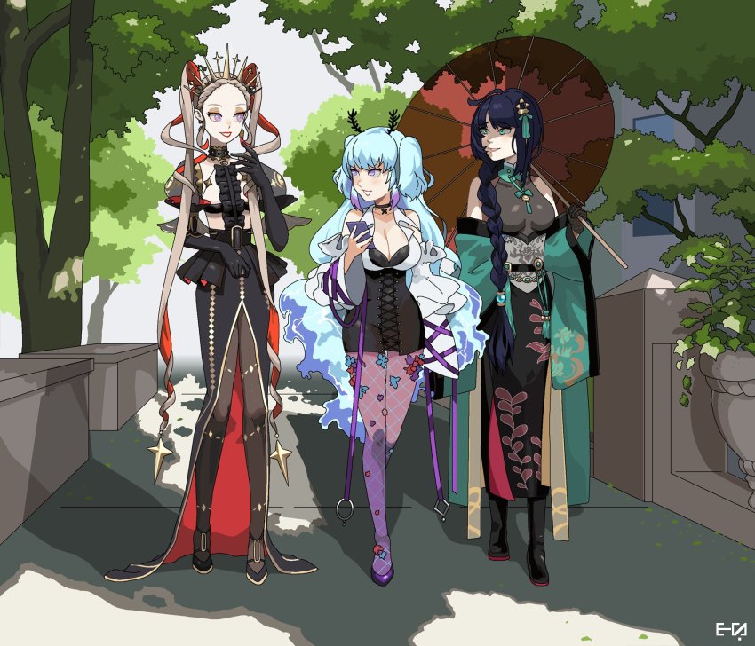 3girls, antennae, black_choker, black_dress, black_footwear, black_hair, black_skirt, blue_eyes