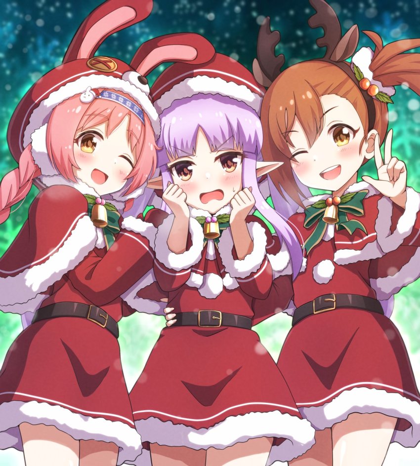 3girls, blush, elg, hat, highres, kyoka_(princess_connect!), looking_at_viewer, merry_christmas