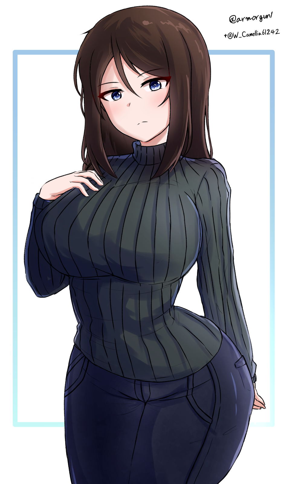 1girl, amogan, arm_behind_back, artist_collaboration, black_hair, black_pants, black_sweater, blue_border