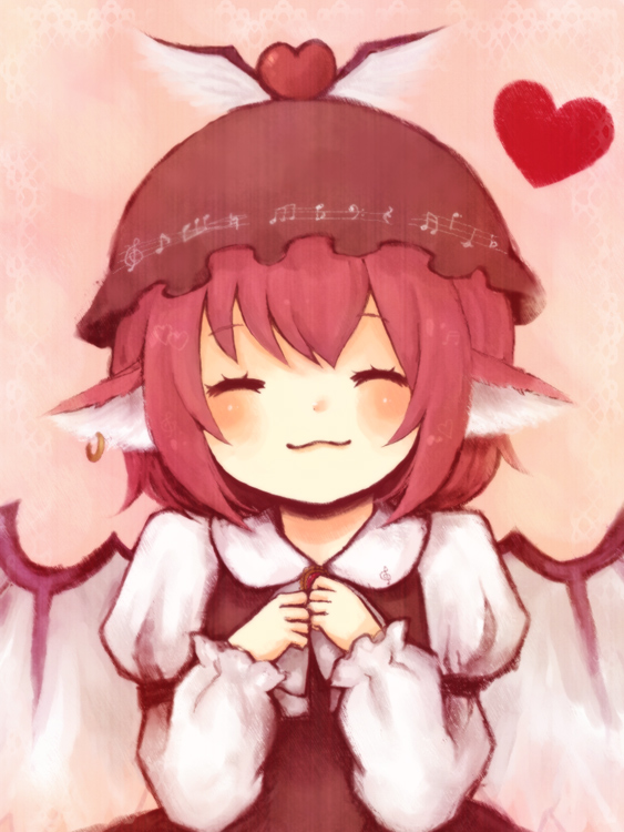 1girl, 1st-mn, :3, ^_^, animal_ears, blush, closed_eyes, earrings, female_focus, hat, heart, jewelry, mystia_lorelei, pink_hair, short_hair, smile, solo, touhou, wings