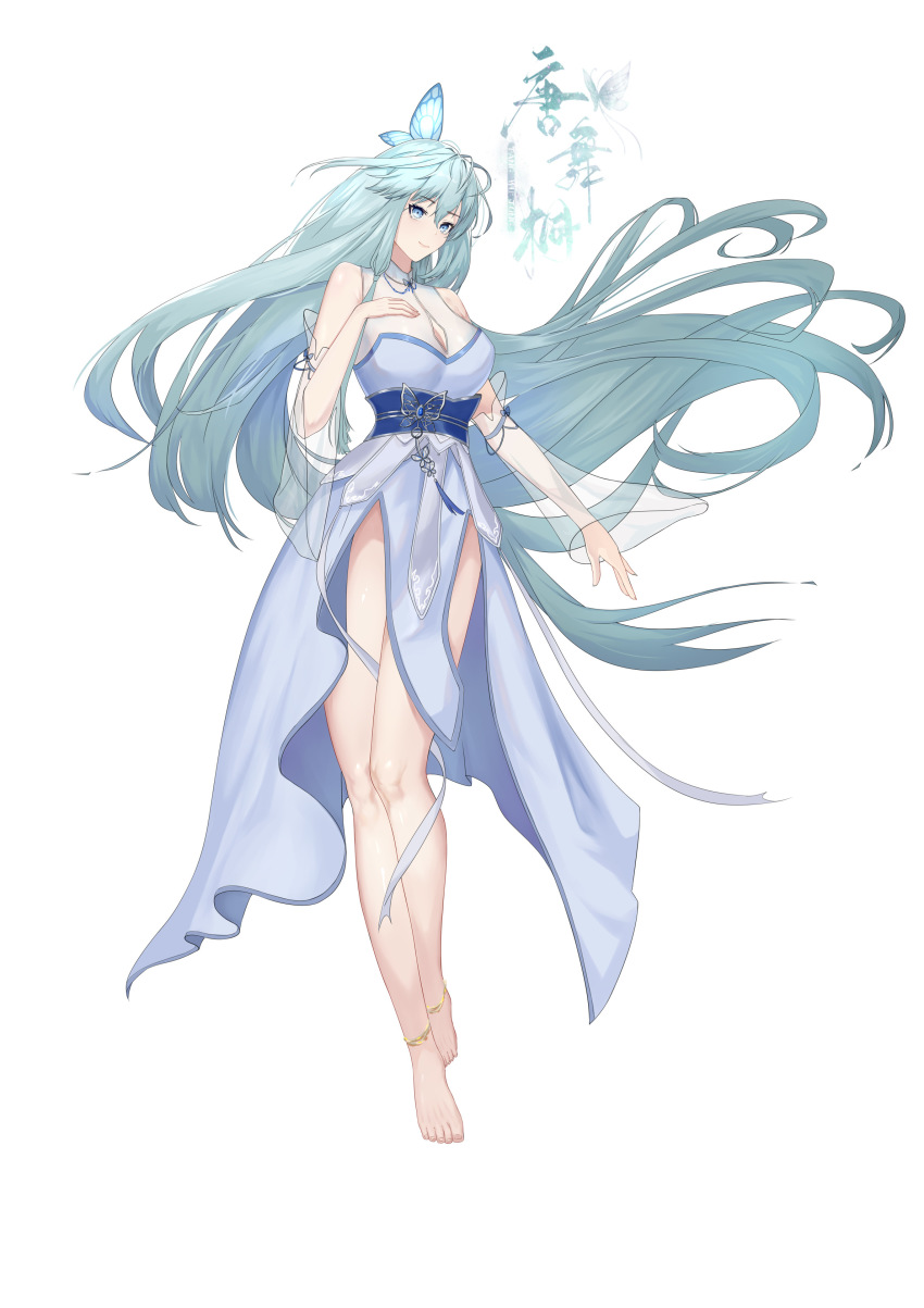 1girl, absurdres, bare_legs, blue_dress, blue_hair, bug, butterfly, china_dress, chinese_clothes, douluo_dalu, dress, feet, highres, insect, long_hair, no_shoes, see-through_clothes, see-through_sleeves, shi_zengyu_yu_guang, tang_wutong_(douluo_dalu), watermark, weibo_watermark