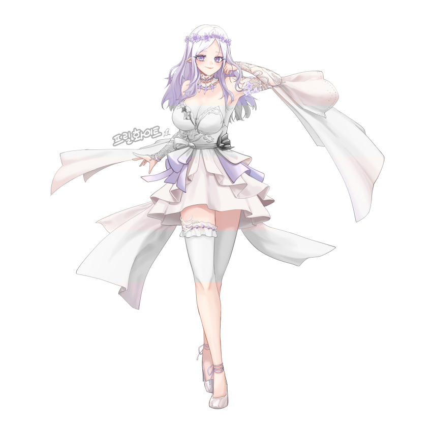 1girl, absurdres, blush, breasts, cleavage, commission, dress, high_heels