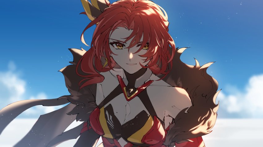 1girl, bare_shoulders, blue_sky, breasts, cleavage, closed_mouth, cloud, cloudy_sky